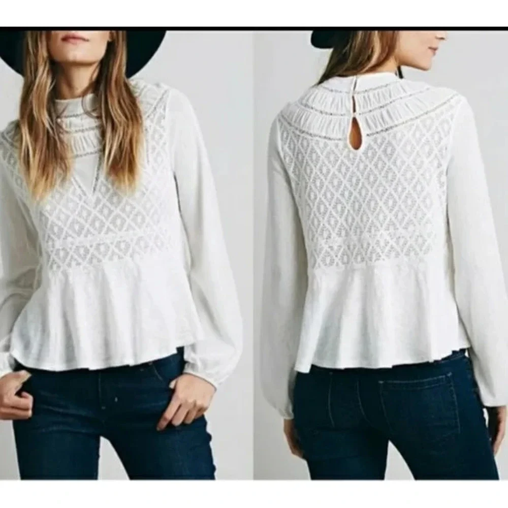 Free People Top Womens Medium White Lace Babydoll Boho Beach Whimsy Cottage